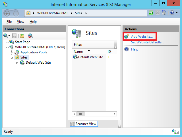 In IIS Manager create ASP.NET website that will be running your Active Directory Address Book CardDAV Server. Select Sites node and than Add Website link in Actions panel.