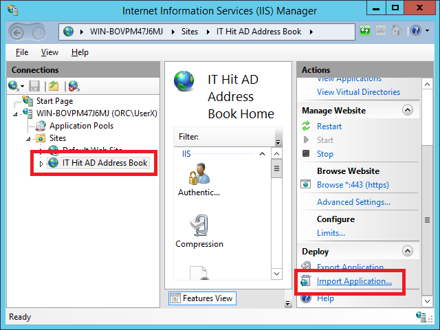 Select your AD Address Book CardDAV Server website and select Import Application action