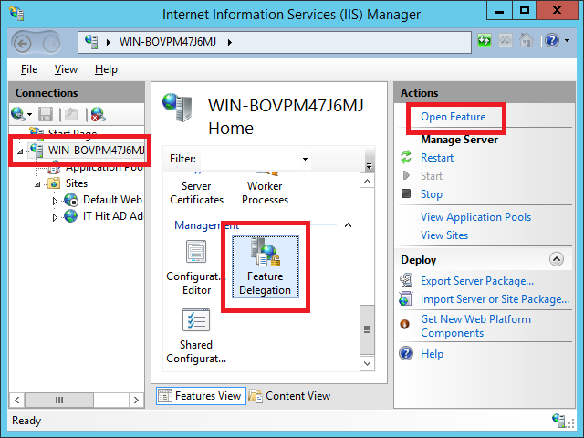 On the server node in IIS go to the Feature Delegation
