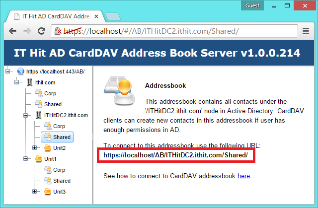 Select the address book in Active Directory three. Find the CardDAV URL and send it to team members.