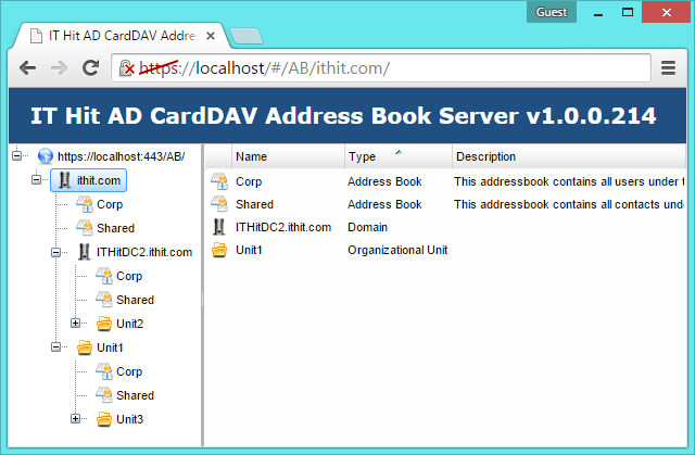 Admin UI shows the domains tree, organizational units and address books.