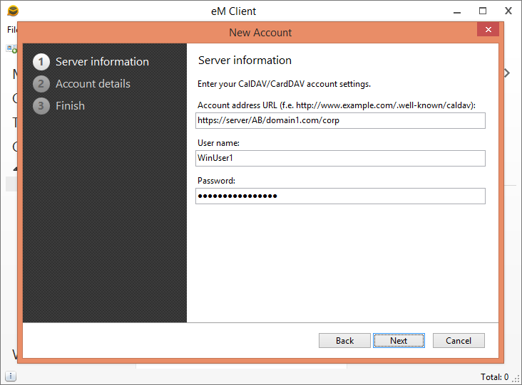 Specify CardDAV address book URL in the Account address URL field. In the User name and Password fields provide your windows domain credentials.